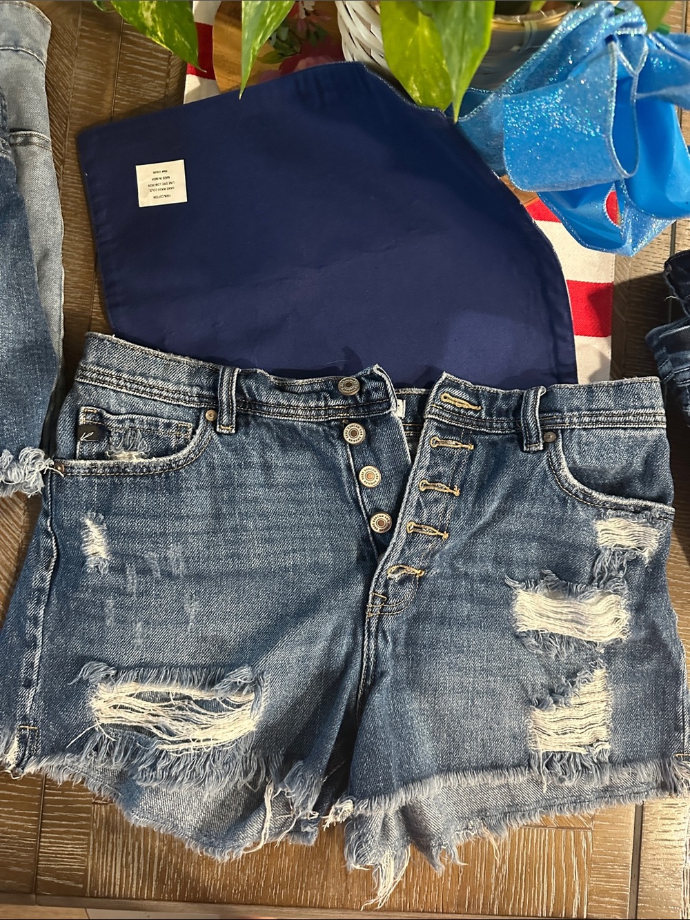 Distressed High-Rise Button-Fly Denim Shorts - Medium Blue